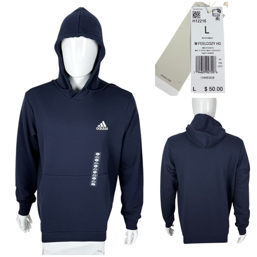 Adidas Mens Large Hoodie Sweatshirt Blue Feel cozy HD Legend Ink Cotton NWT $50